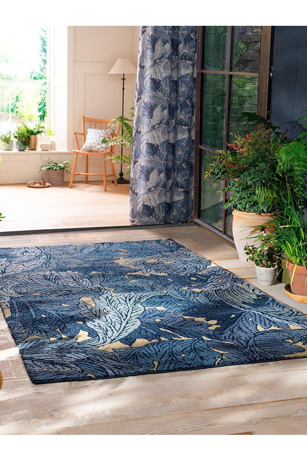 Morris & Co Acanthus Indigo Designer Outdoor Rug featuring acanthus pattern in indigo, navy blue and cream on beige background, outdoor construction polypropylene