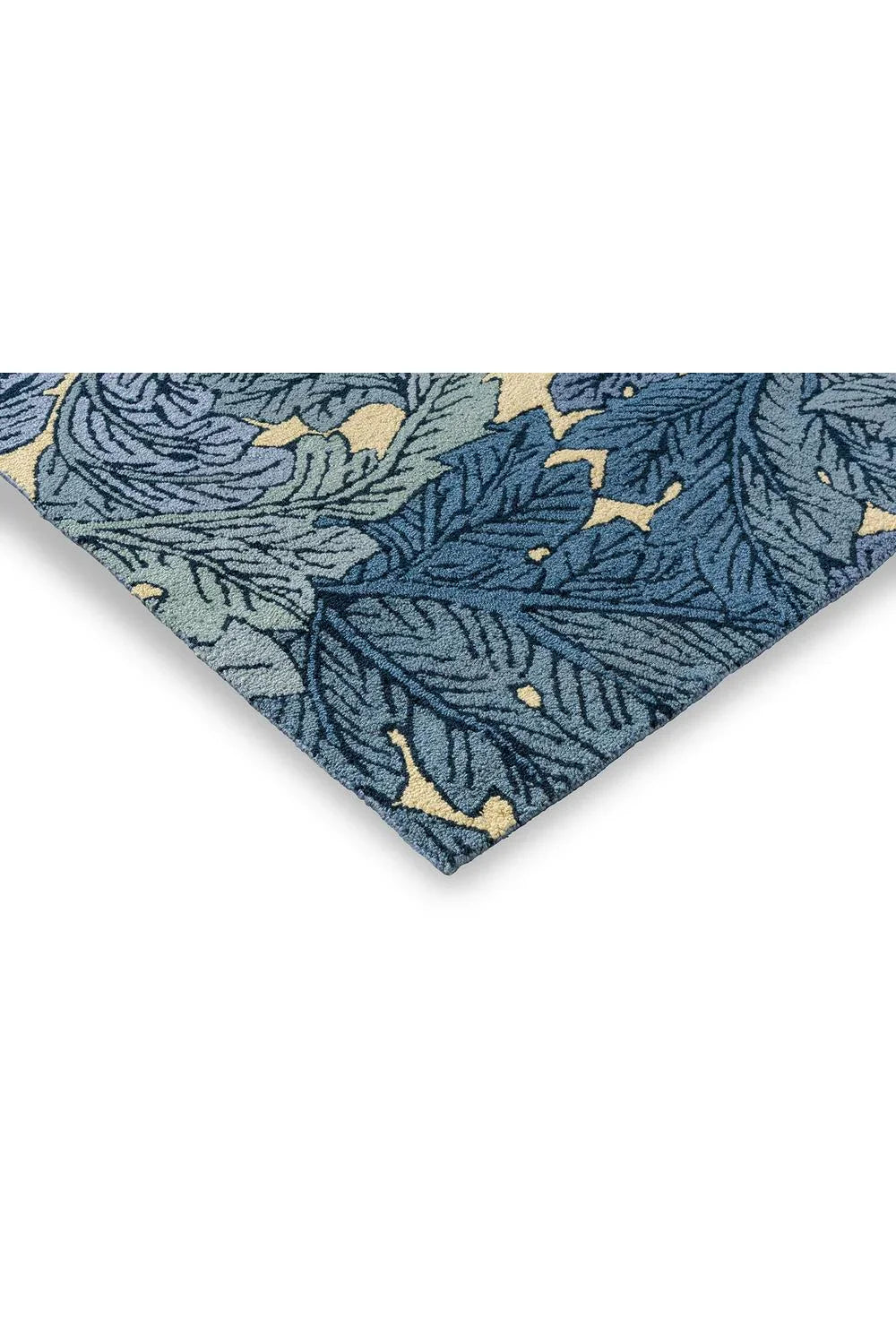 Morris & Co Acanthus Indigo Outdoor Rug with botanical leaf pattern in navy, indigo and gold on blue, power-loomed polypropylene