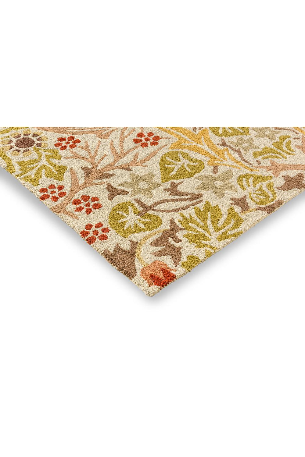 Morris & Co Blackthorn - Wheat outdoor rug with botanical floral pattern in cream, greens and oranges on wheat background, machine-made polypropylene