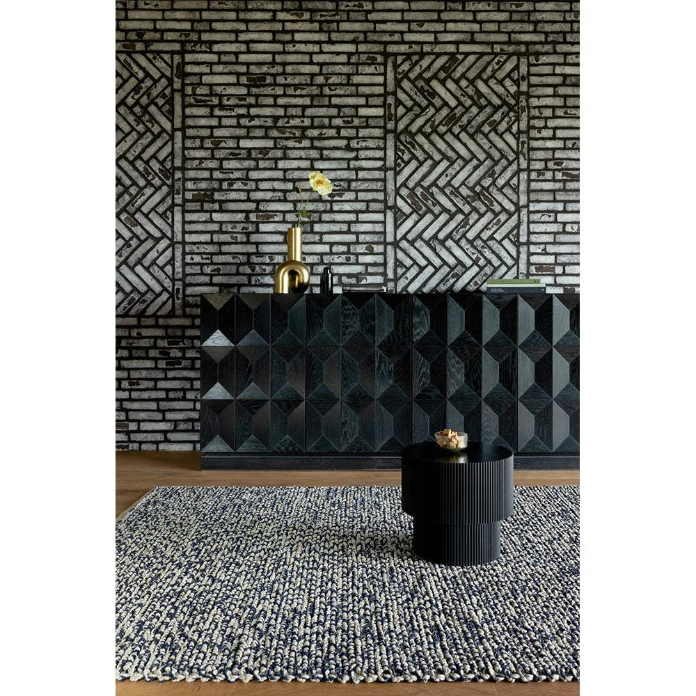 Brink & Campman Nest Ink Designer Rug featuring geometric lattice in navy blue, cream and taupe on light beige, hand-tufted wool