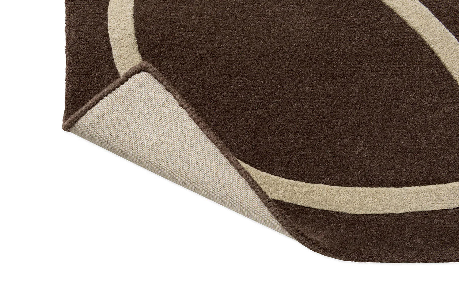 Orla Kiely Giant Linear Stem Walnut rug featuring curved beige arcs on chocolate brown with taupe background, hand-tufted wool