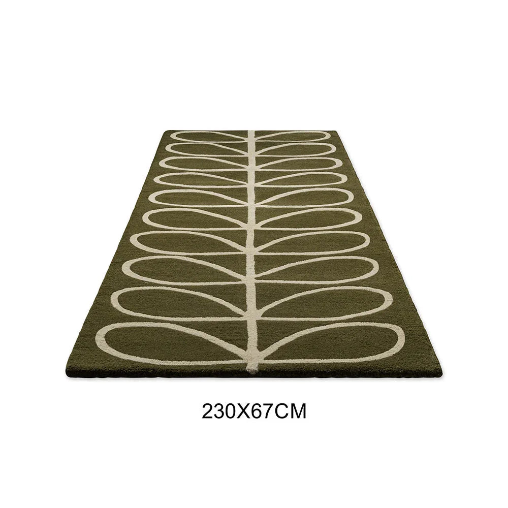 Orla Kiely Linear Stem Olive Runner Rug featuring linear stem pattern in olive and cream on dark olive background, hand-tufted wool