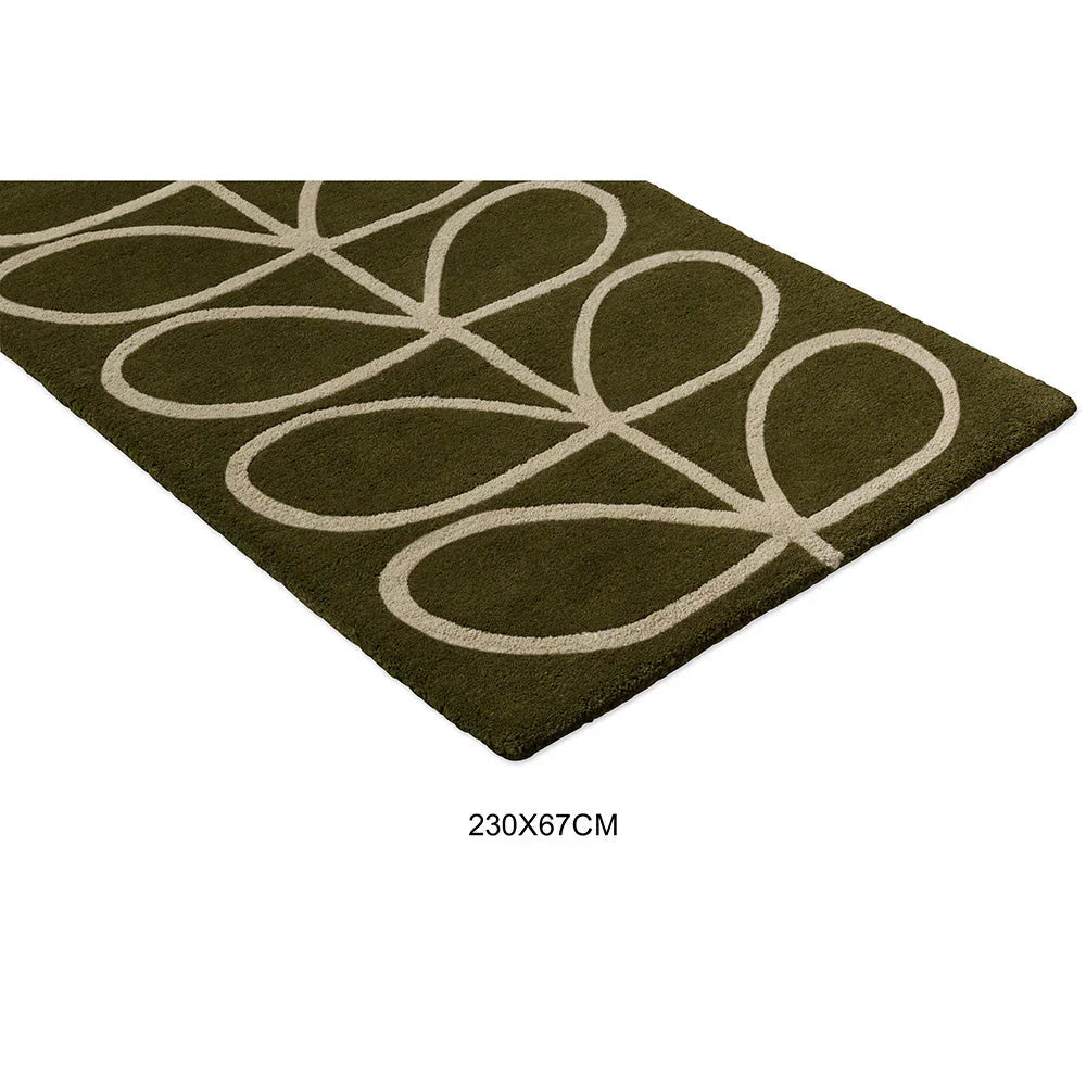 Orla Kiely Linear Stem Olive Runner Rug featuring cream looping stem pattern in olive on olive background, machine-made wool