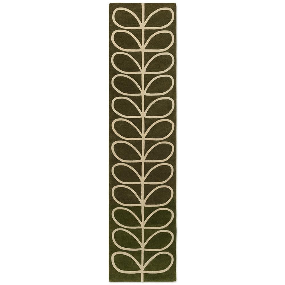 Orla Kiely Linear Stem Olive runner rug featuring iconic stem leaf motif in vertical linear columns with cream outlines on rich olive green background
