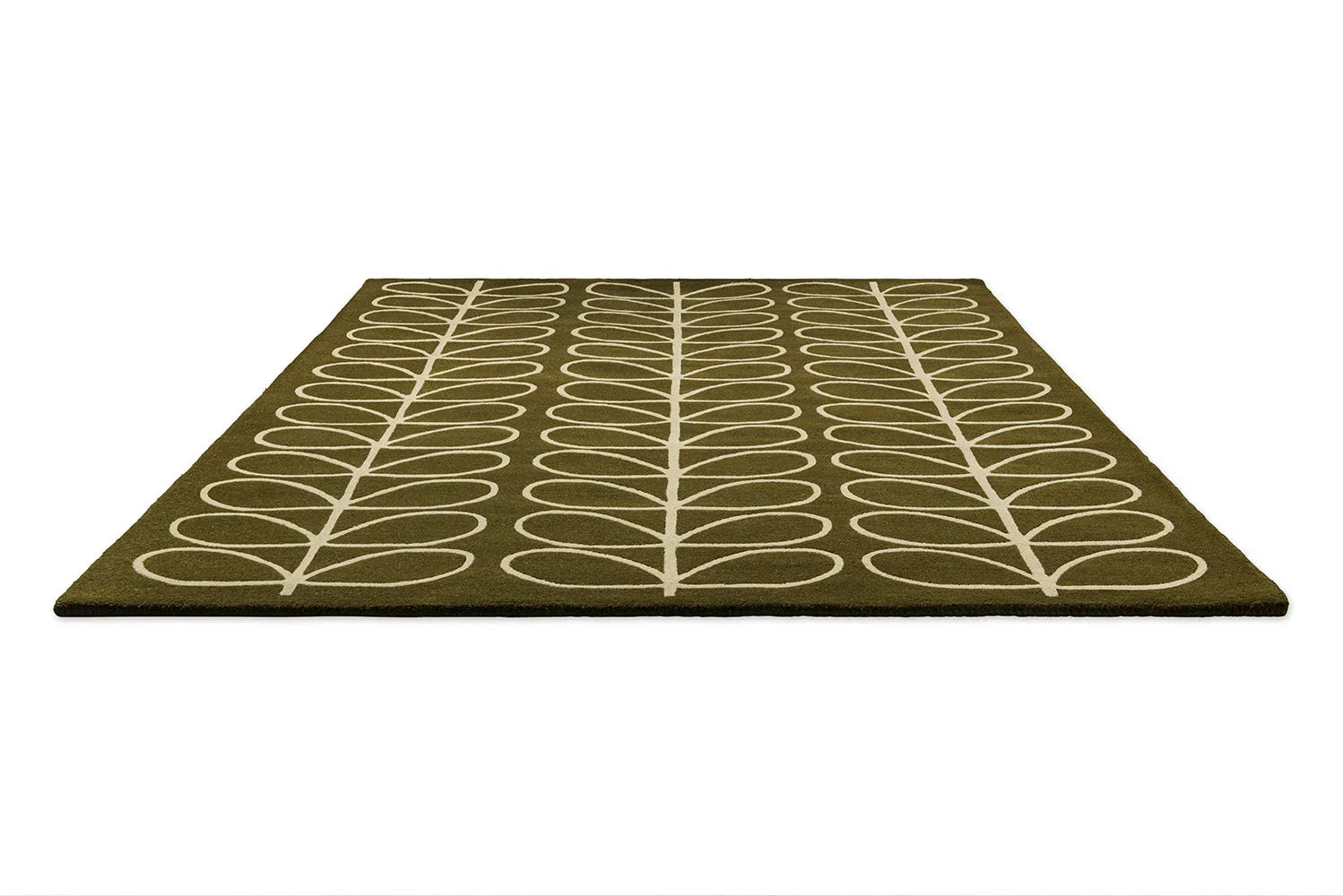 Orla Kiely Linear Stem Olive Designer Rug featuring linear leaf pattern in cream on olive background, hand-tufted wool