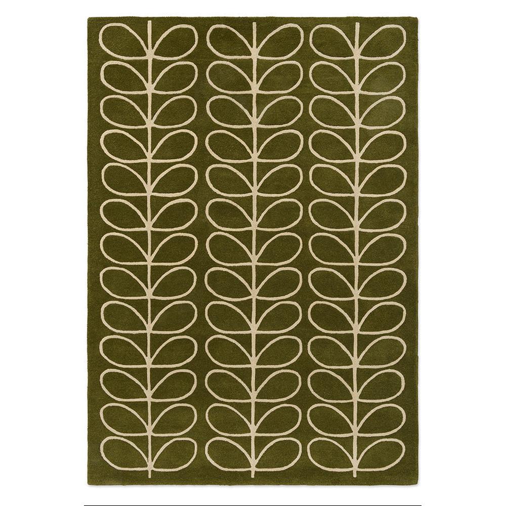 Orla Kiely Linear Stem Olive hand-tufted wool rug featuring iconic stem leaf motif in vertical linear columns with cream outlines on rich olive green background
