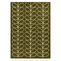 Orla Kiely Linear Stem Olive hand-tufted wool rug featuring iconic stem leaf motif in vertical linear columns with cream outlines on rich olive green background
