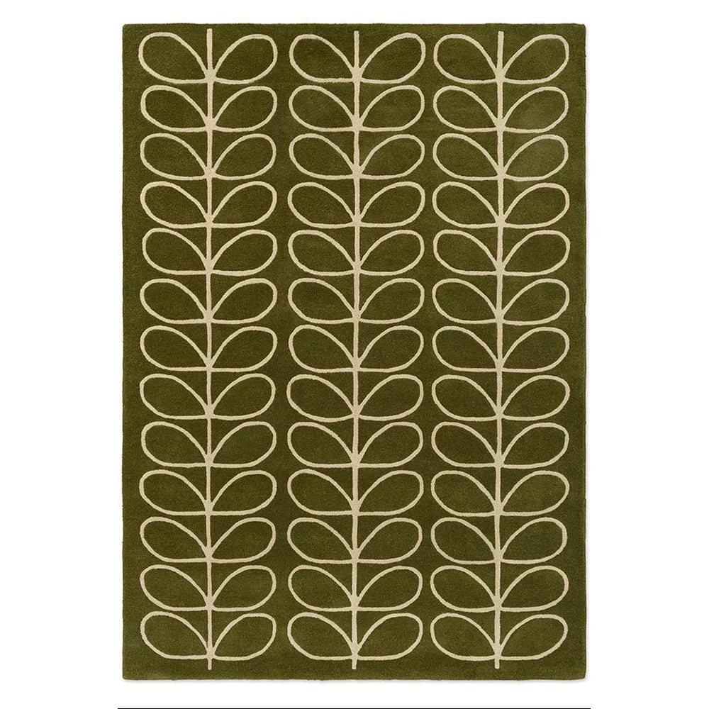 Orla Kiely Linear Stem Olive hand-tufted wool rug featuring iconic stem leaf motif in vertical linear columns with cream outlines on rich olive green background
