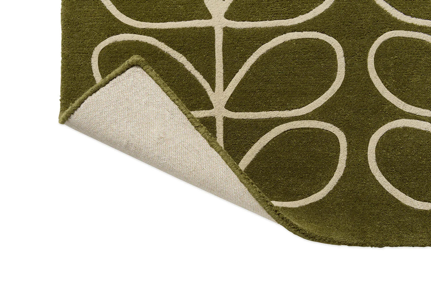 Orla Kiely Linear Stem Olive Designer Rug featuring linear stem pattern in cream/ivory on olive background, woven construction wool