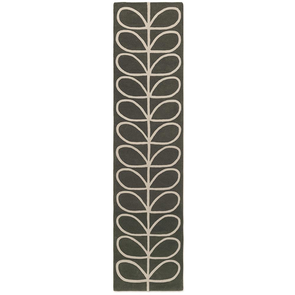 Orla Kiely Linear Stem Slate runner rug featuring iconic stem leaf motif in vertical linear columns with cream outlines on sophisticated slate grey background
