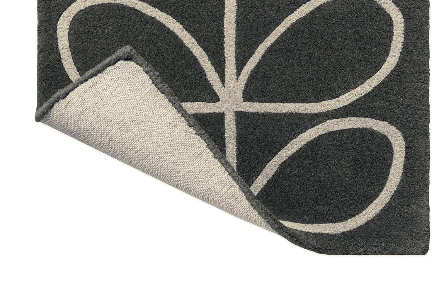 Orla Kiely Linear Stem Slate Runner Rug featuring curved stem pattern in charcoal gray, beige on slate background, hand-tufted wool