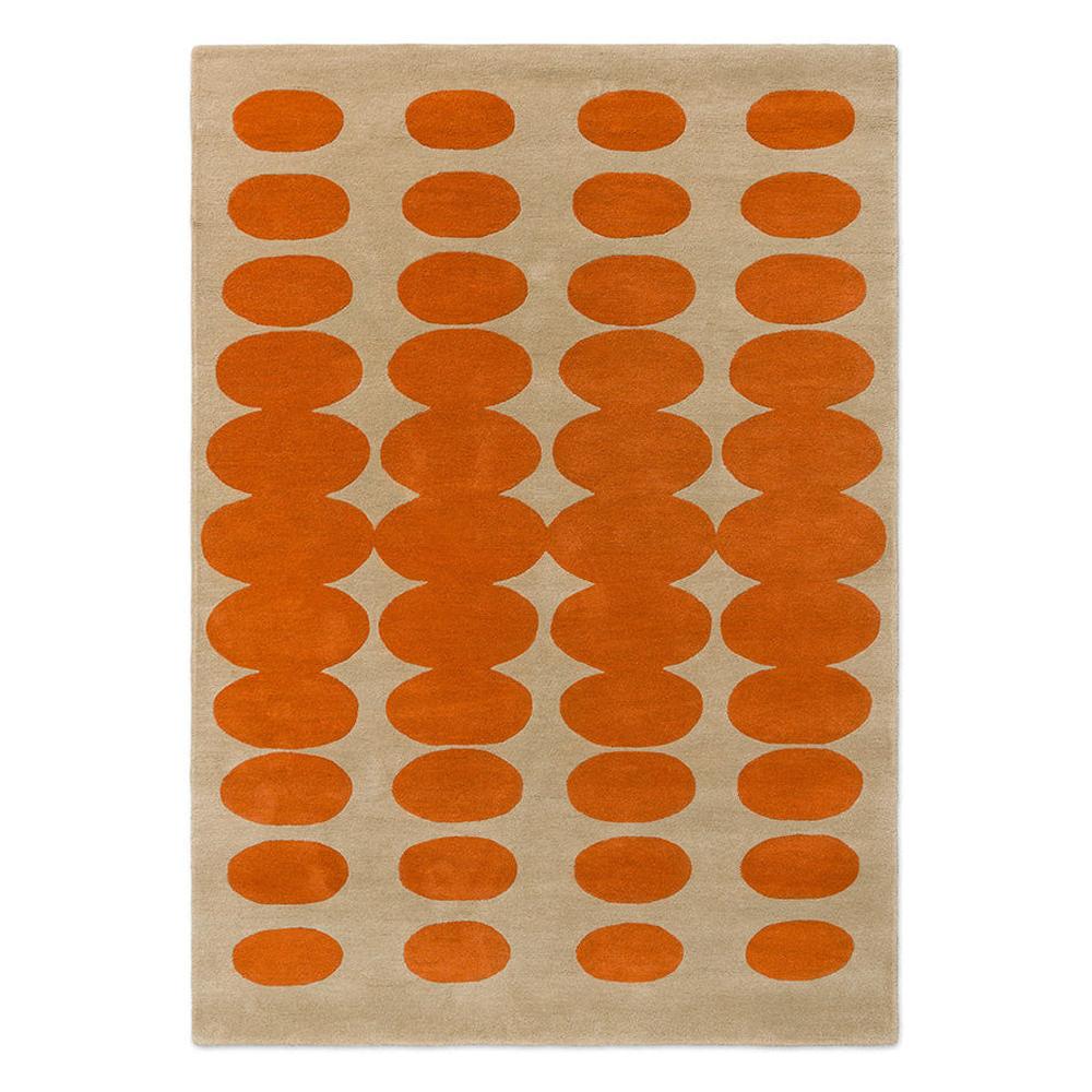 Orla Kiely Optical Oval Orange Sand hand-tufted wool rug featuring hypnotic interlocking oval pattern in rich burnt orange on soft sand beige background
