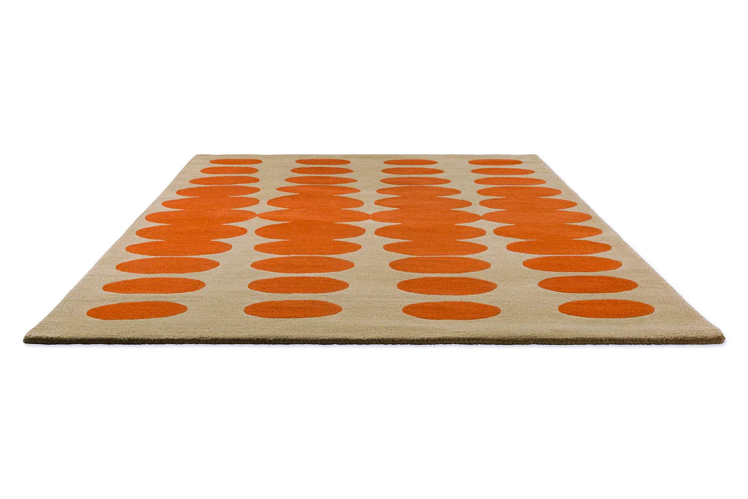 Orla Kiely Optical Oval Orange Sand Rug featuring repeating orange ovals on beige background, hand-tufted wool