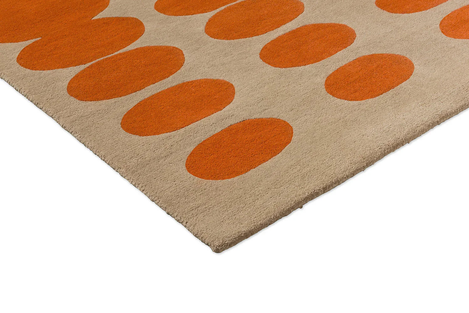 Orla Kiely Optical Oval Orange Sand Rug featuring orange oval pattern on beige background, machine-made polypropylene