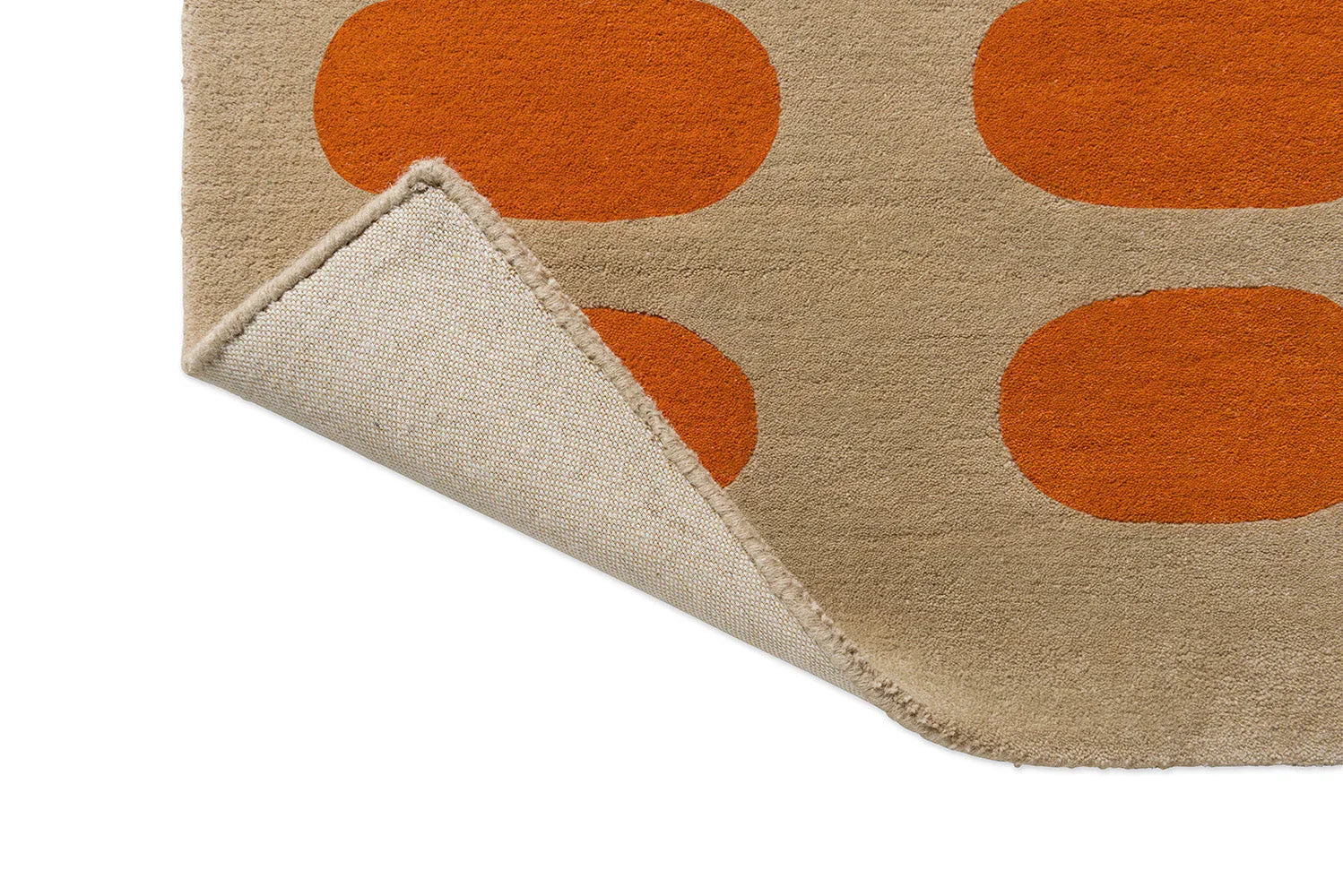 Orla Kiely Optical Oval Orange Sand Designer Rug featuring retro orange oval pattern on beige background, hand-tufted wool