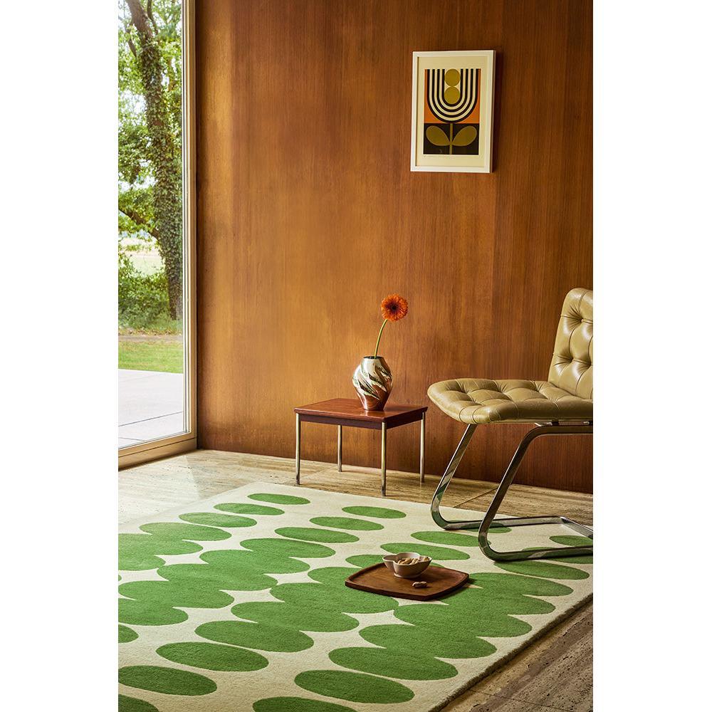 Orla Kiely Optical Oval Green Cream Designer Rug featuring green oval pattern on cream background, construction and material not specified