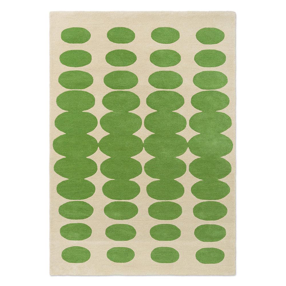 Orla Kiely Optical Oval Green Cream hand-tufted wool rug featuring hypnotic interlocking oval pattern in rich grass green on soft cream background
