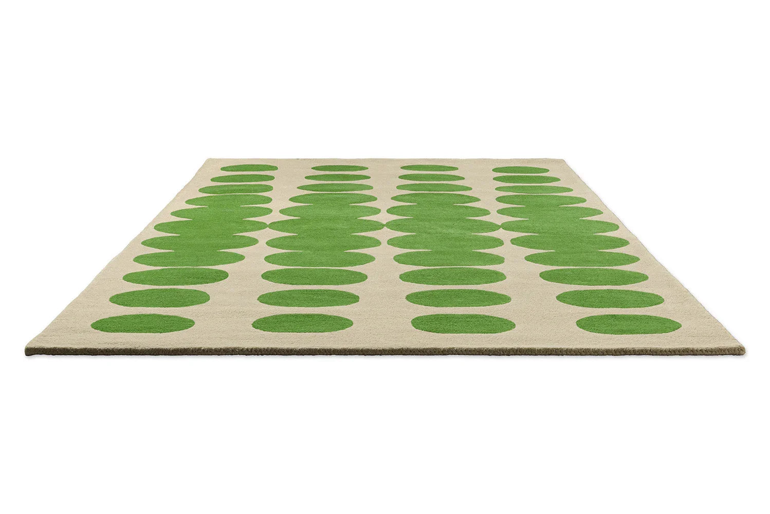 Orla Kiely Optical Oval Green Cream Designer Rug featuring oval pattern in lime green on cream background, machine-made wool