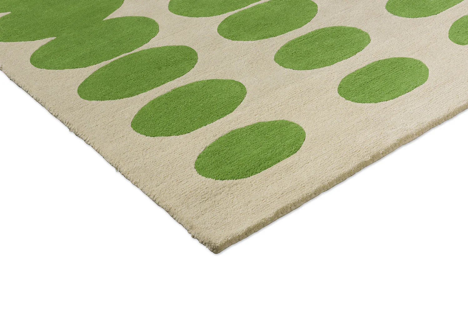 Orla Kiely Optical Oval Green Cream Rug featuring lime-green ovals on cream background, machine-made polypropylene
