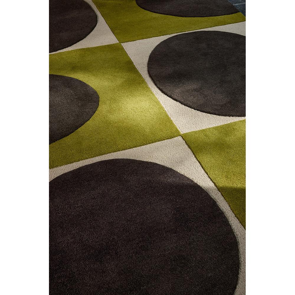 Orla Kiely Spot Square Walnut Lichen Designer Rug featuring circular spot pattern in dark walnut brown, olive-green and cream on beige background, hand-tufted wool