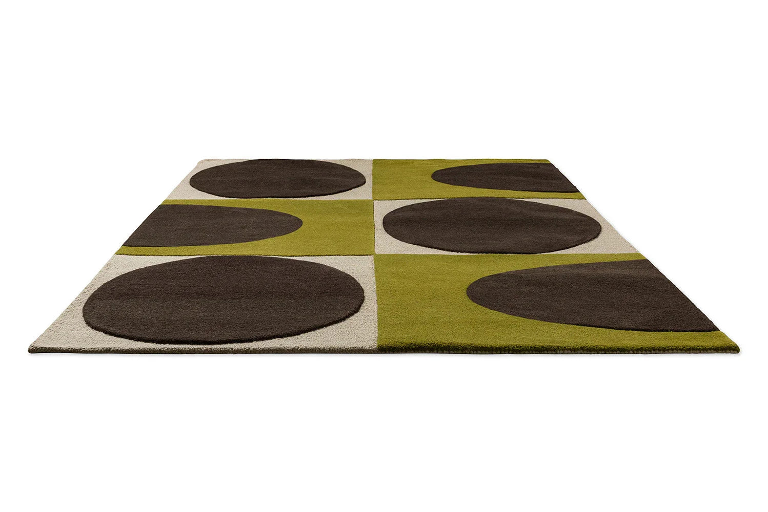 Orla Kiely Spot Square Walnut Lichen Rug featuring olive-green and cream checkerboard with dark walnut circles, hand-tufted wool