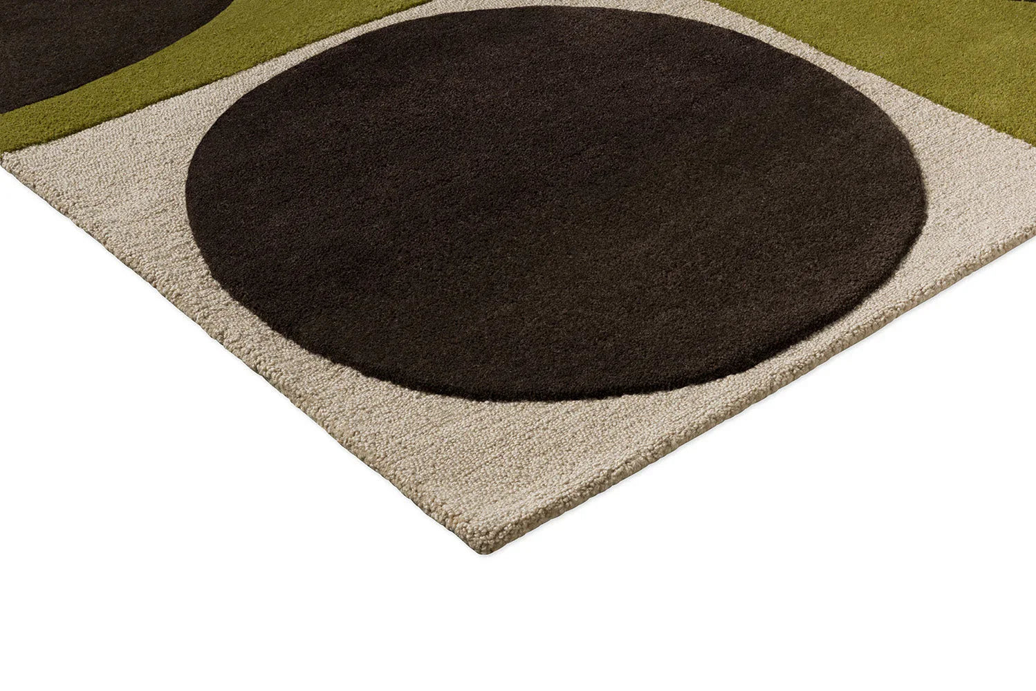 Orla Kiely Spot Square Walnut Lichen Rug featuring circular walnut-brown spot on beige with olive green accents; machine-woven wool
