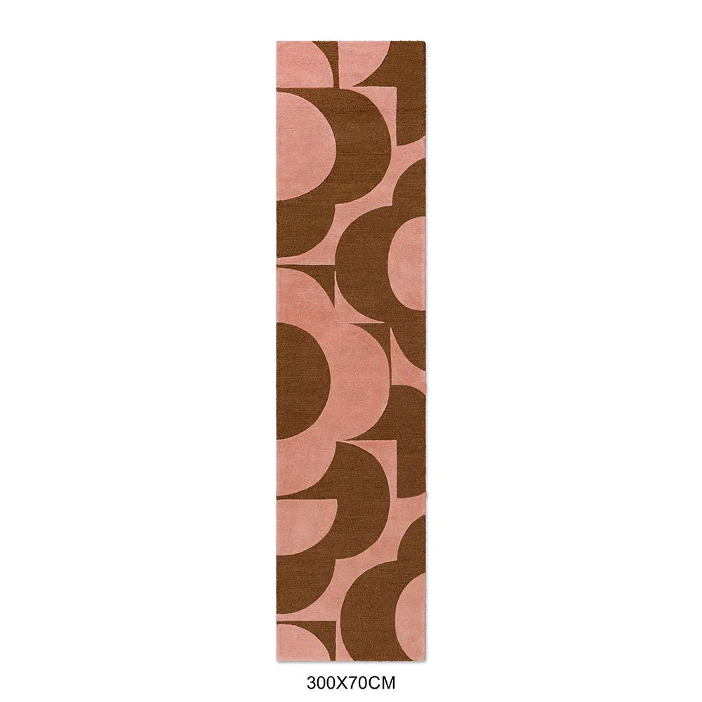 Orla Kiely Prism Flower Pink Terracotta Runner Rug featuring circular motif in pink, terracotta and brown on pink background, hand-tufted wool
