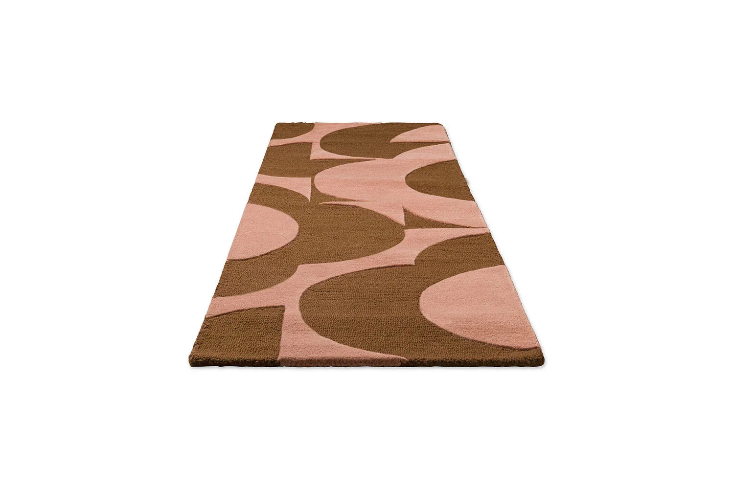 Orla Kiely Prism Flower Pink Terracotta Runner Rug featuring abstract circular pattern in pink, terracotta and chocolate brown on pink background, hand-tufted wool