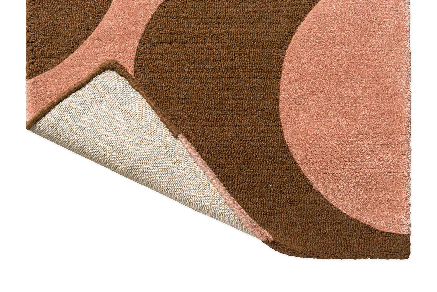 Orla Kiely Prism Flower Pink Terracotta Runner Rug featuring abstract floral curves in pink, terracotta, brown and cream on beige, hand-tufted wool