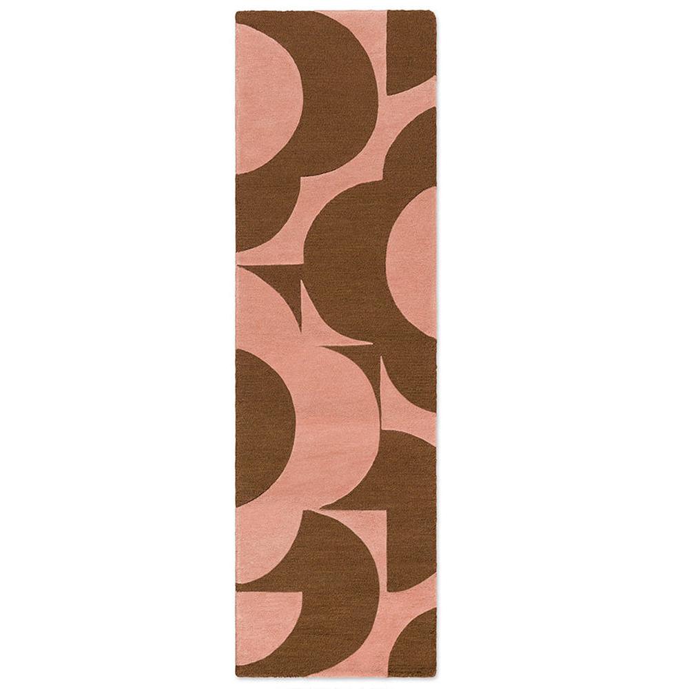Orla Kiely Prism Flower Pink Terracotta runner rug featuring bold geometric overlapping floral motifs in soft blush pink and rich terracotta brown
