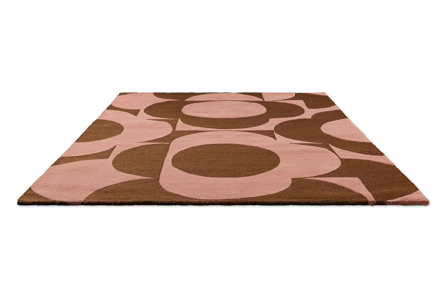 Orla Kiely Prism Flower Rug featuring prism flower pattern in blush pink and terracotta brown on pink background, hand-tufted wool