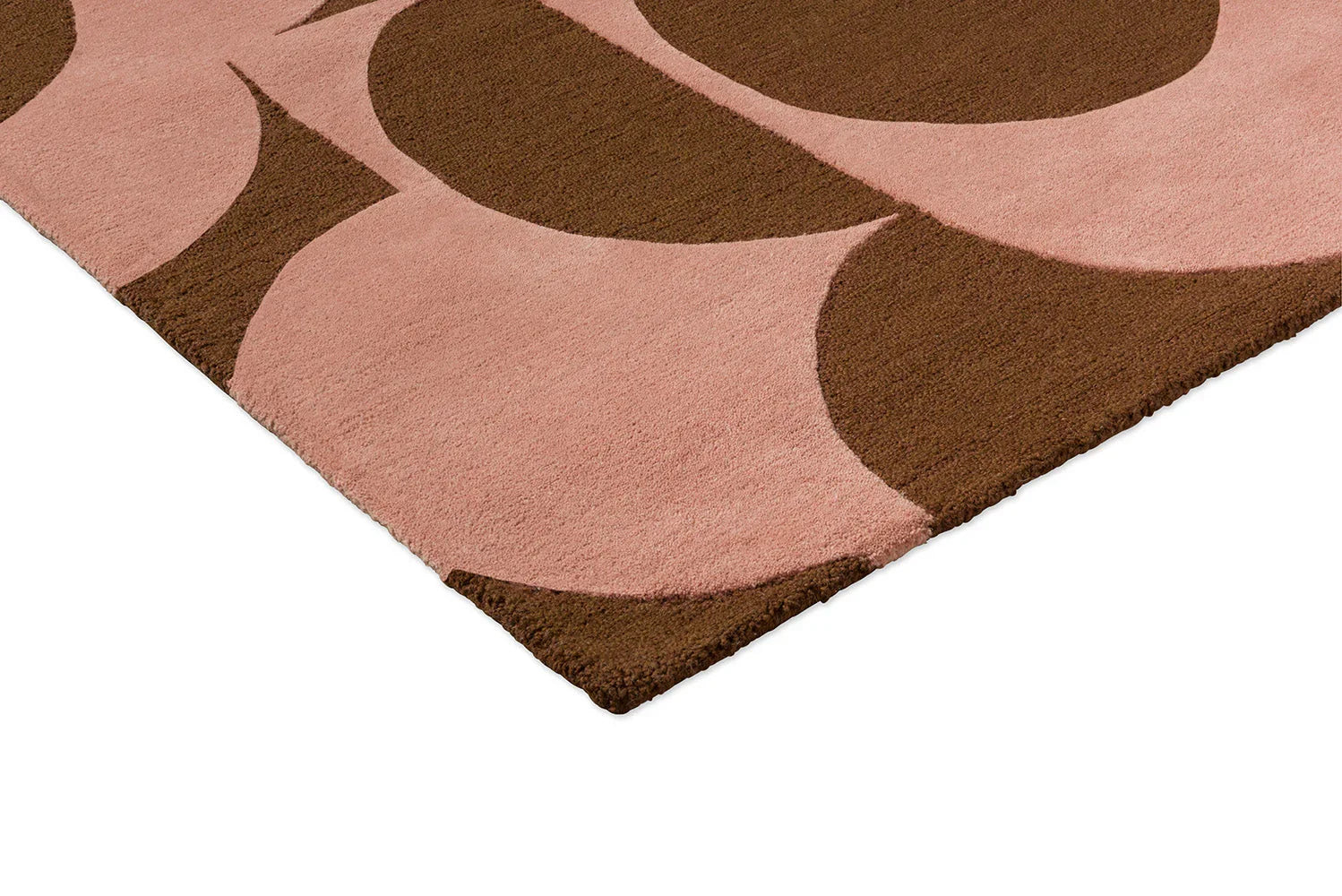 Orla Kiely Prism Flower Pink Terracotta Rug with abstract floral pattern in pink, terracotta and chocolate on pink background, hand-tufted wool