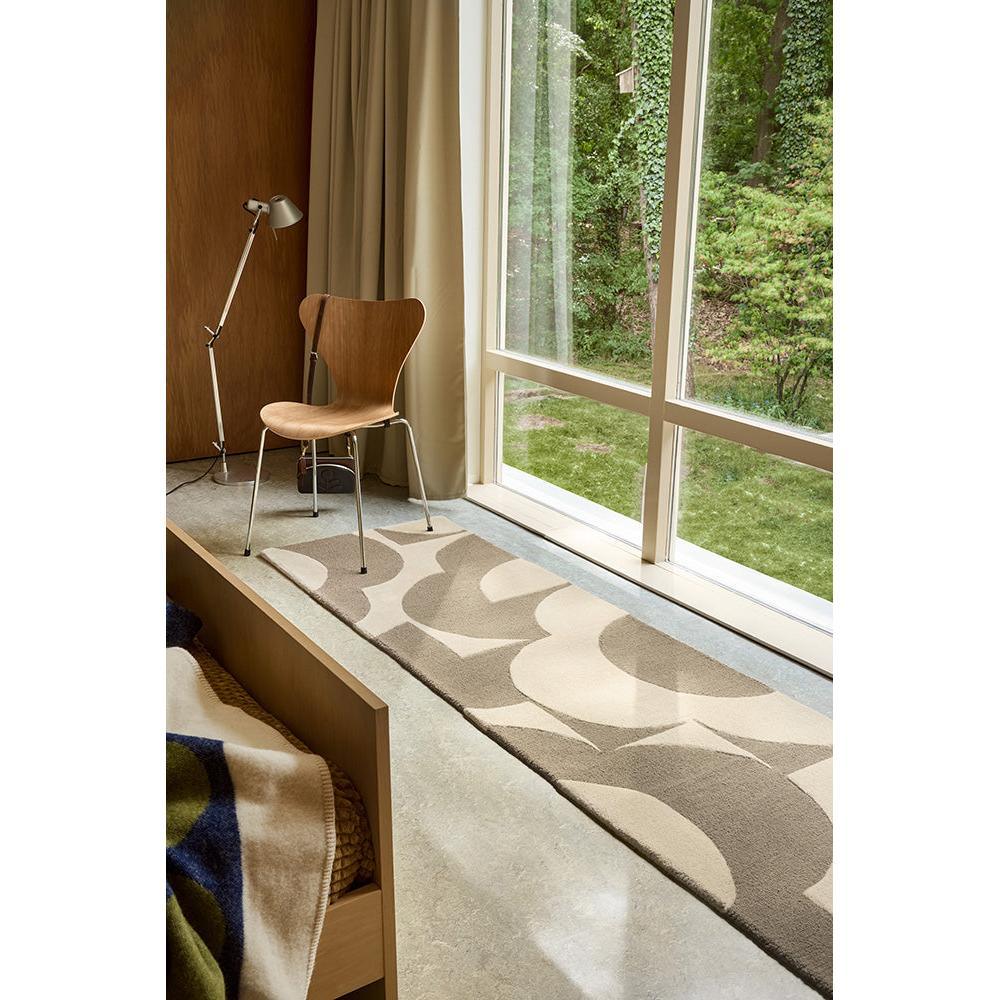 Orla Kiely Prism Flower Mushroom Ecru Runner Rug featuring abstract floral pattern in taupe, beige and cream on pale ecru background, hand-tufted wool