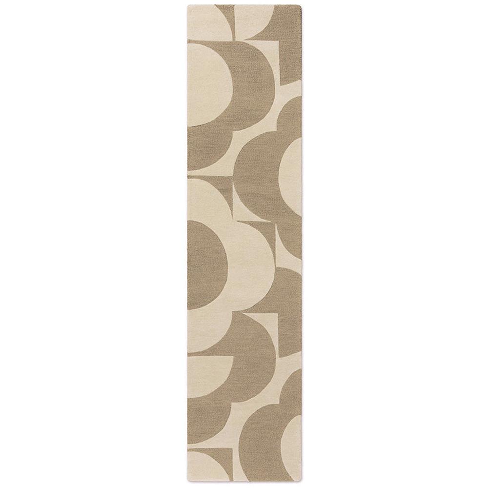 Orla Kiely Prism Flower Mushroom Ecru runner rug featuring bold geometric overlapping floral motifs in warm mushroom taupe and soft ecru cream
