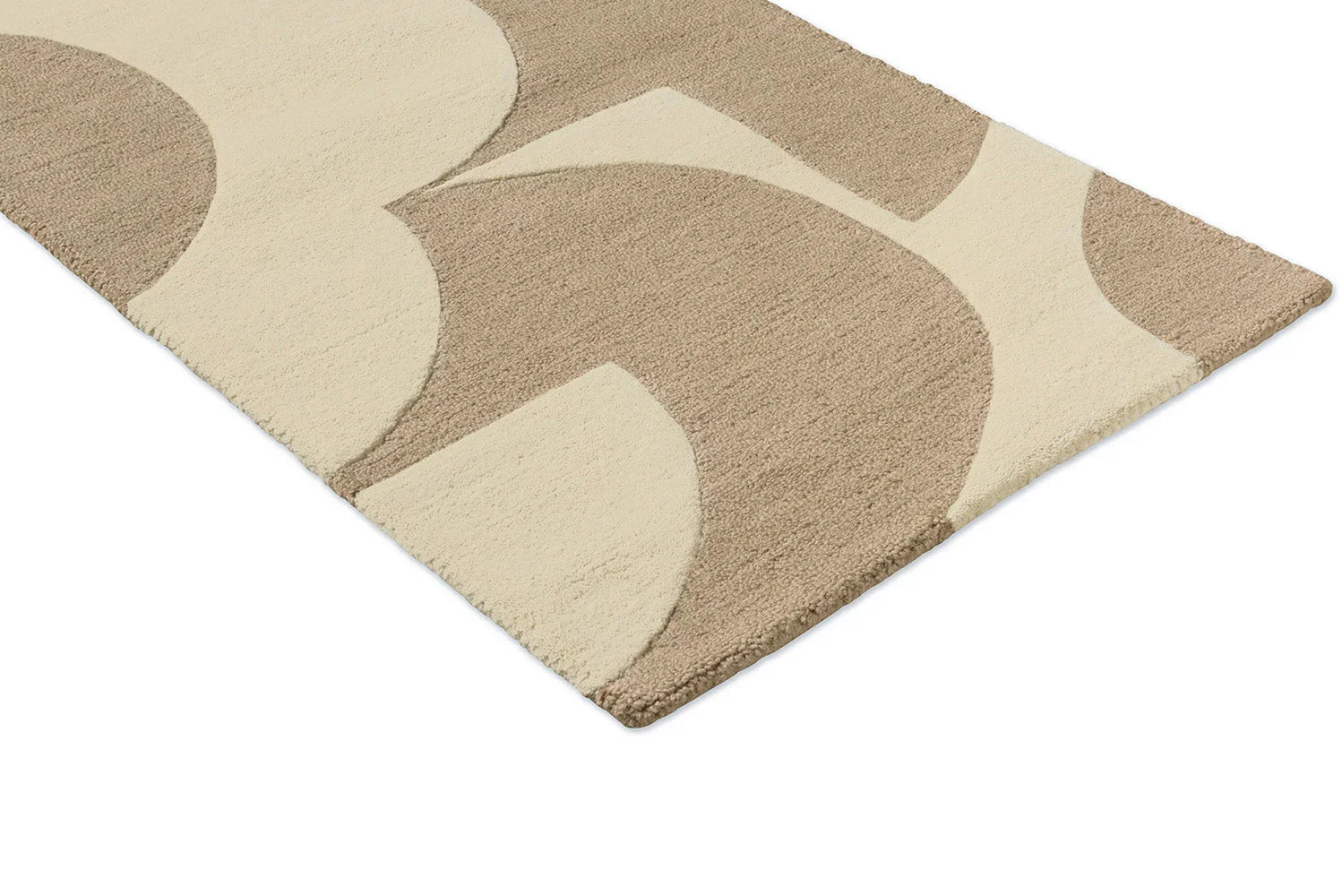 Orla Kiely Prism Flower Runner Rug with abstract petal pattern in ecru, taupe and caramel on cream background, machine-woven