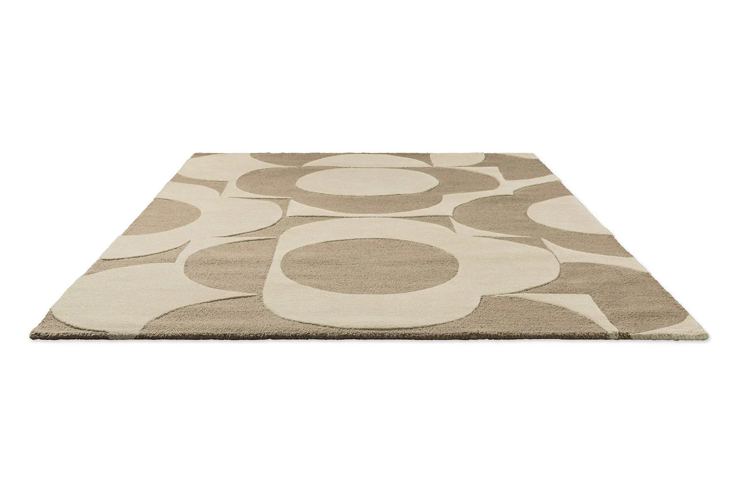 Orla Kiely Prism Flower Mushroom Ecru Rug featuring circular taupe and cream petals on light beige background, machine-made wool