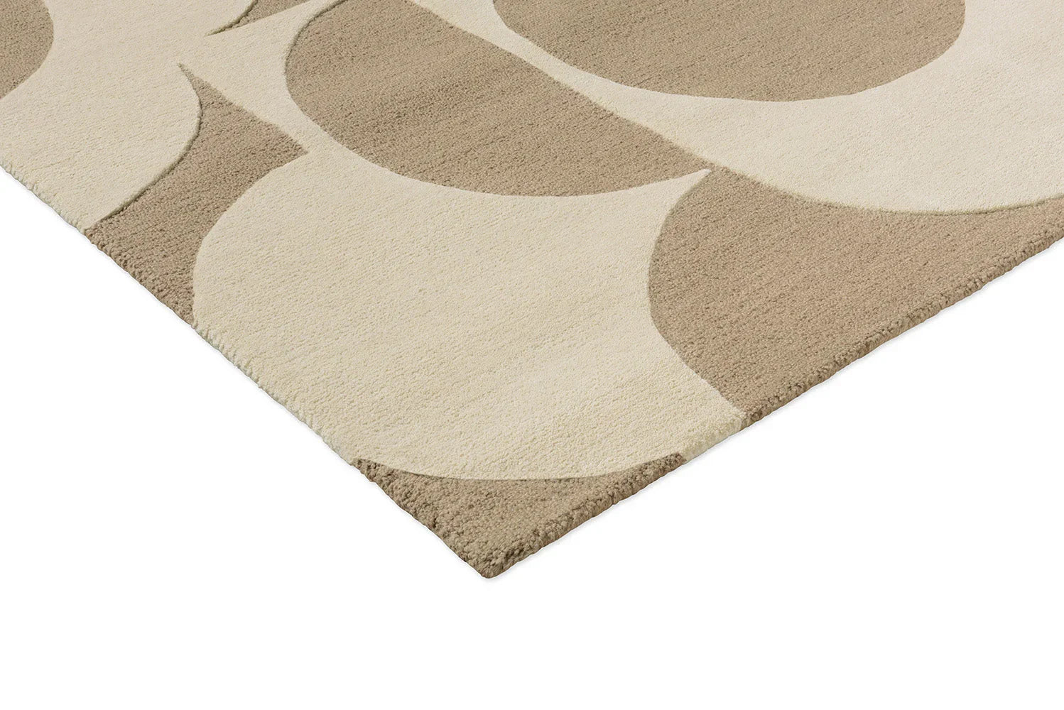 Orla Kiely Prism Flower Mushroom Ecru Rug featuring abstract curved petals in cream, beige and taupe on light ecru background, machine-made wool