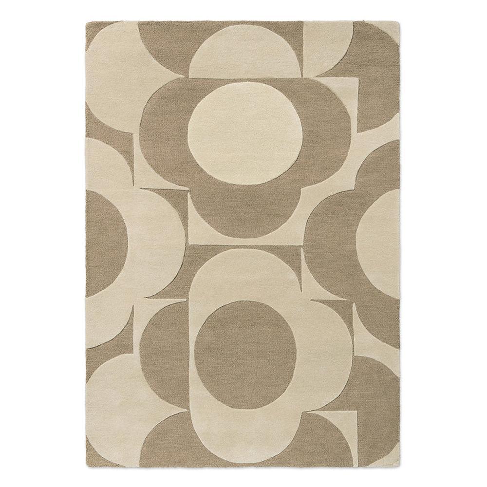 Orla Kiely Prism Flower Mushroom Ecru hand-tufted wool rug featuring bold geometric overlapping floral motifs in warm mushroom taupe and soft ecru cream
