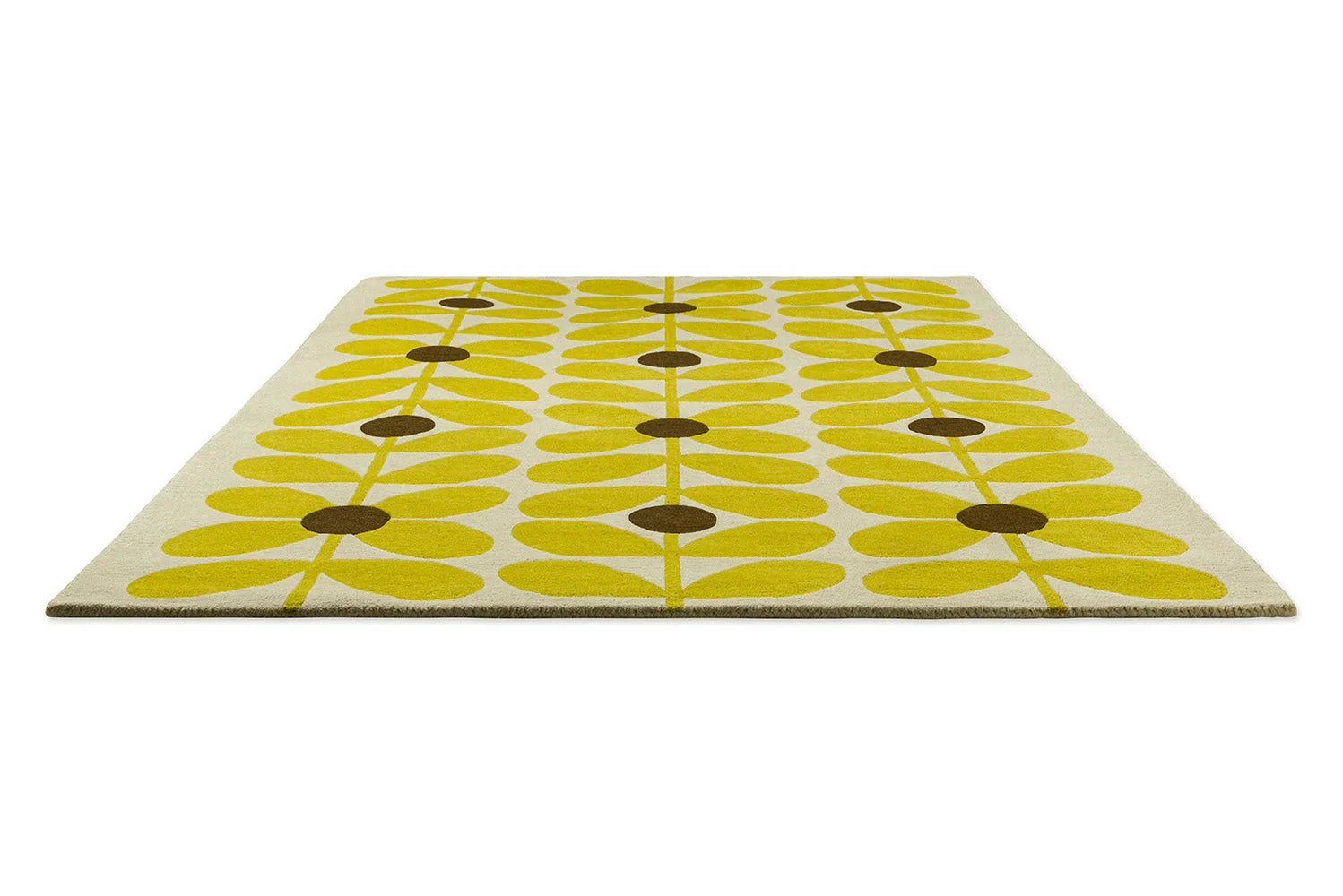 Orla Kiely Sixties Stem Yellow Designer Rug featuring stem-leaf pattern in sunflower yellow, brown and cream on ivory background, hand-tufted wool