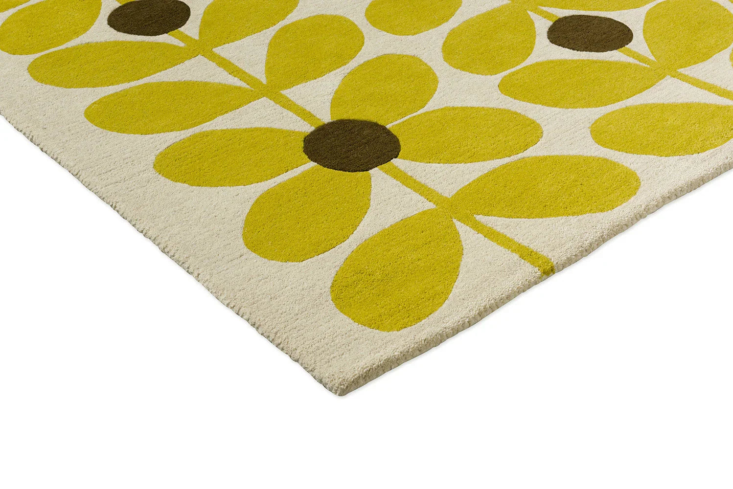 Orla Kiely Sixties Stem Yellow Designer Rug featuring floral stem pattern in yellow, mustard and brown on cream, hand-tufted wool