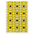 Orla Kiely Sixties Stem Yellow hand-tufted wool rug featuring iconic stem leaf pattern with bright chartreuse yellow stylised flowers and olive brown centres on cream background
