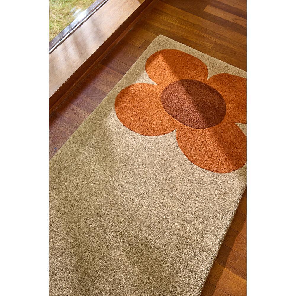 Orla Kiely Flower Placement Pumpkin Ecru Runner Rug featuring large orange petals with chocolate brown centers on cream background, machine-made wool blend