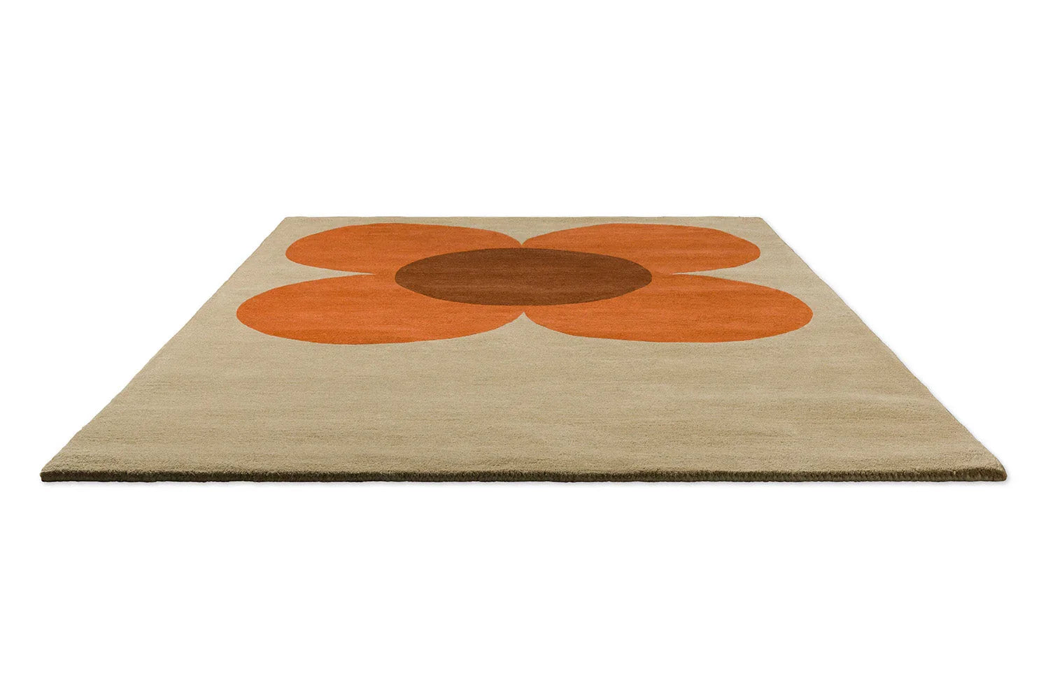 Orla Kiely Flower Placement Pumpkin Ecru rug featuring bold flower in pumpkin orange and brown on beige, hand-tufted wool