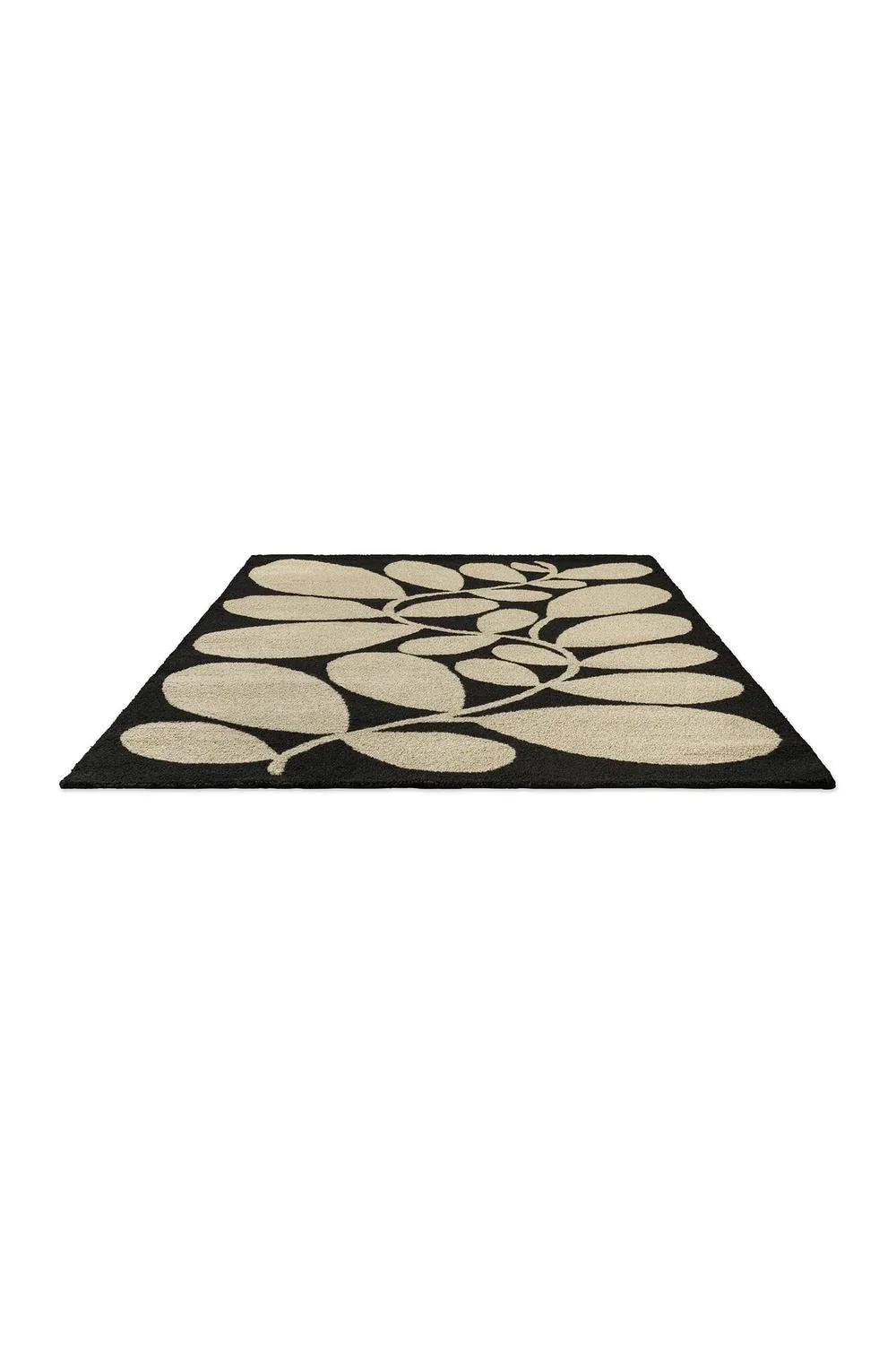 Orla Kiely Sycamore Black outdoor rug featuring mid-century leaf pattern in beige on black background, machine-made polypropylene