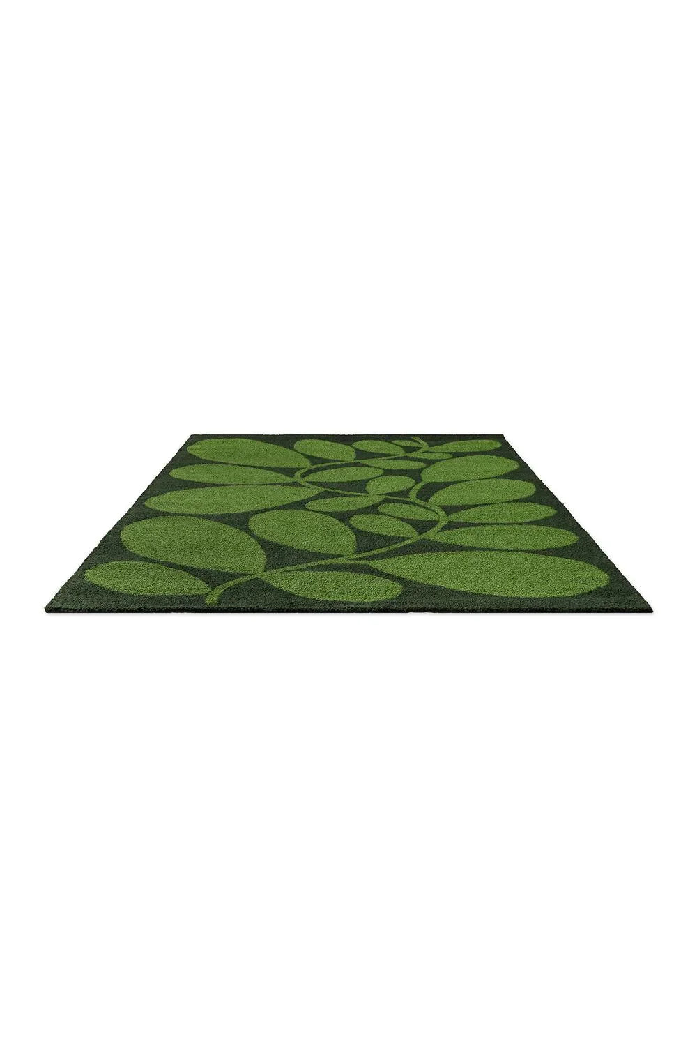 Orla Kiely Sycamore Dill outdoor rug featuring leaf pattern in lime green and dark greens on forest background, machine-made polypropylene