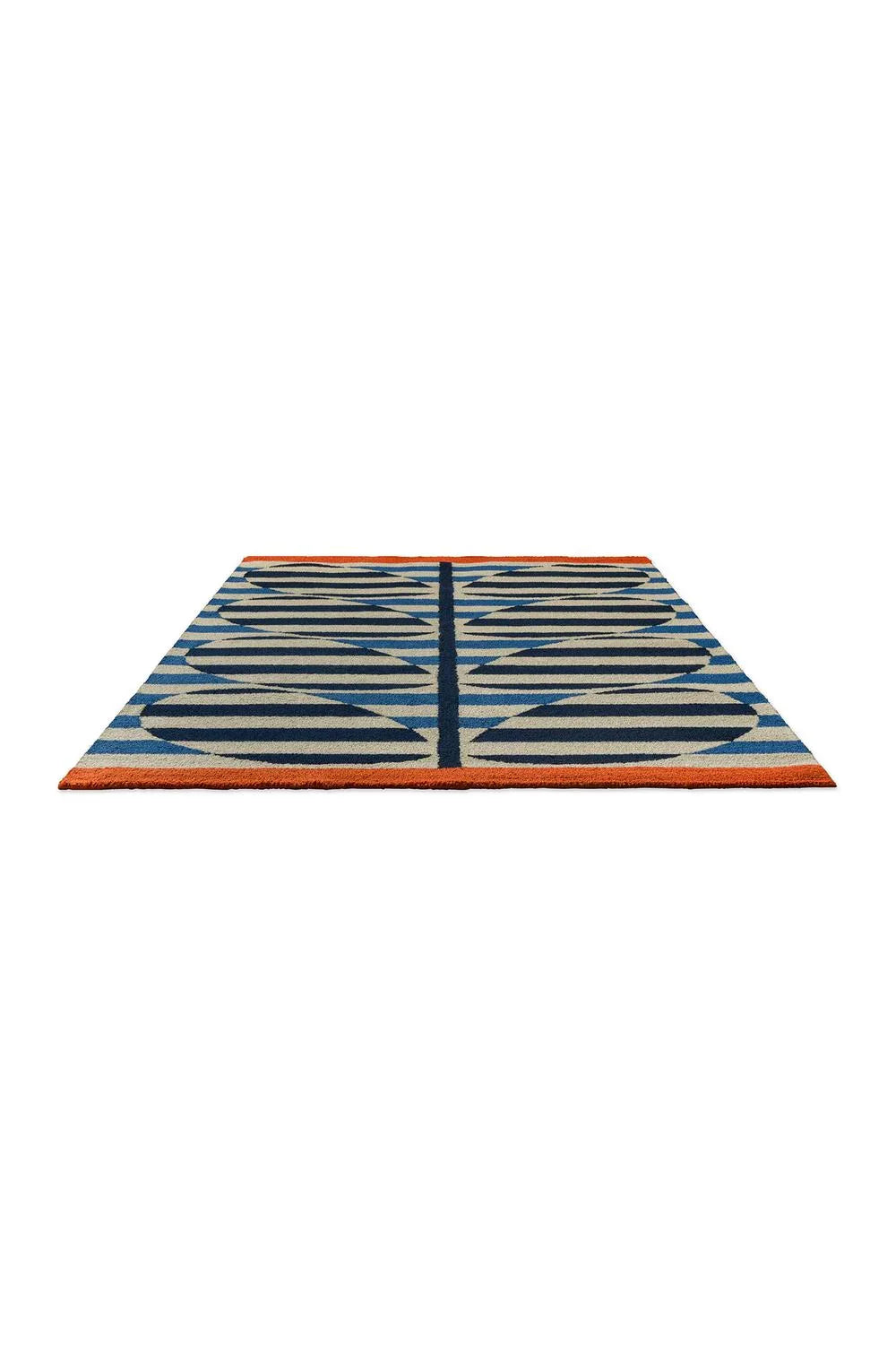 Orla Kiely Stripy Stem Azure Outdoor Rug featuring stripe/stem pattern in azure blue, navy, cream and orange on cream background, machine-woven polypropylene