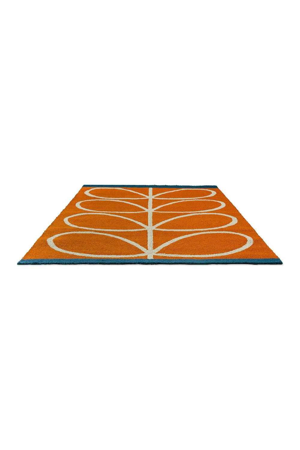 Orla Kiely Linear Stem Orange Outdoor Rug featuring looping ivory pattern on bright orange with blue border, outdoor polypropylene