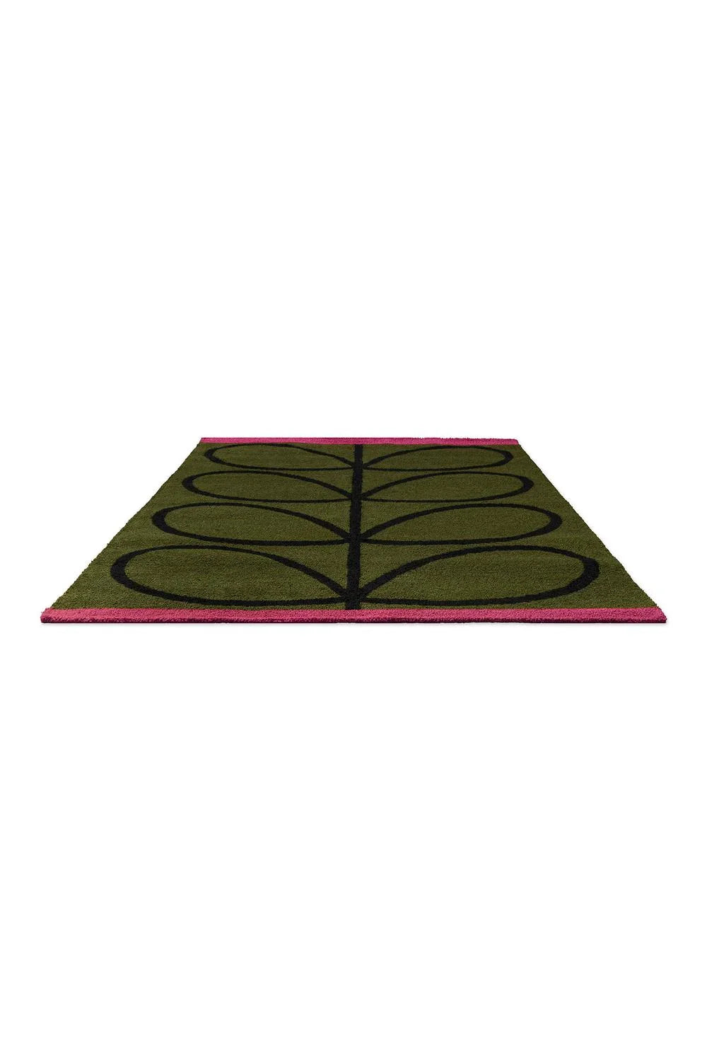 Orla Kiely Linear Stem Olive Designer Outdoor Rug featuring circular stem motif in olive green, black and hot pink on olive background, power-loomed polypropylene