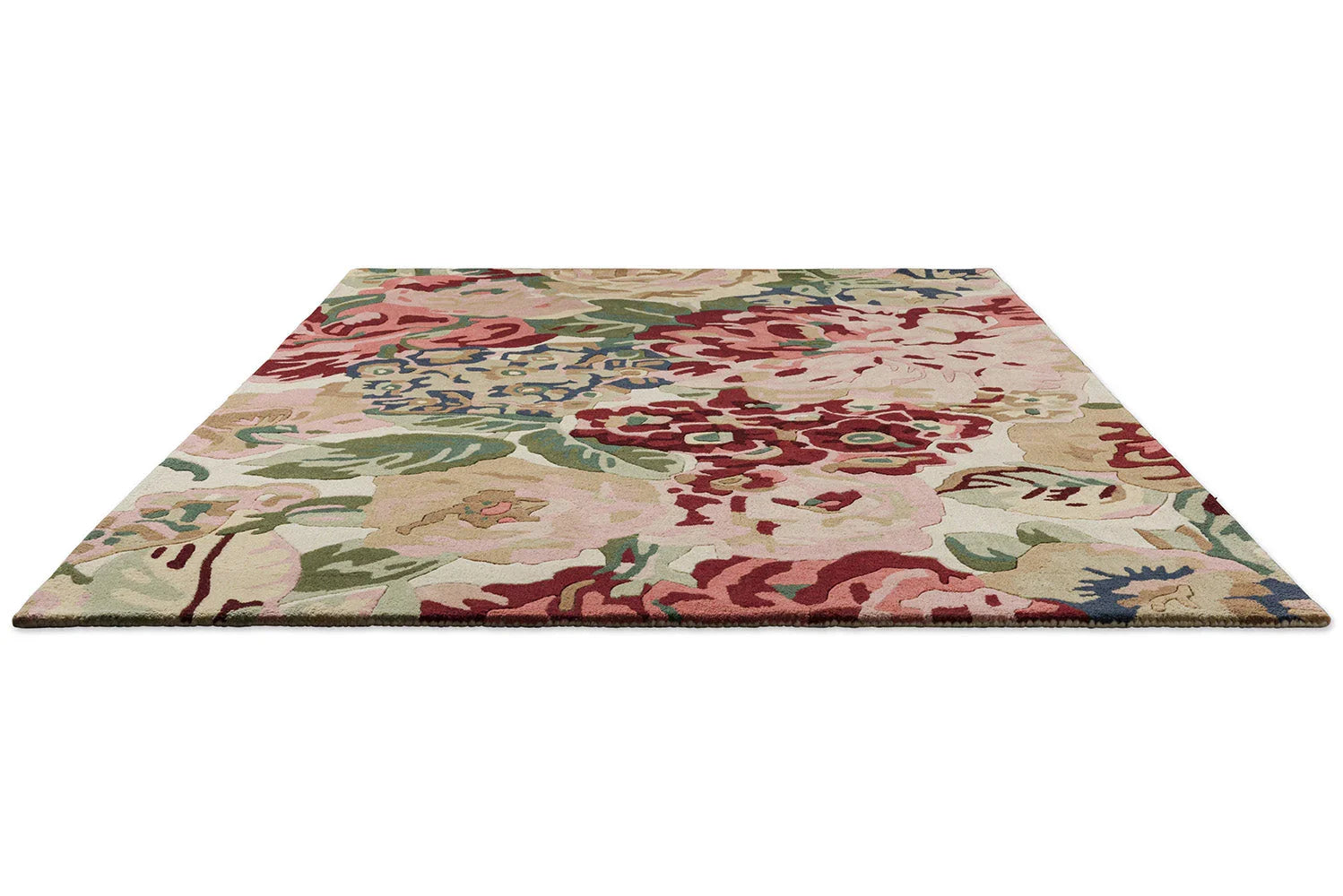 Sanderson Rose & Peony Red Designer Rug featuring floral pattern in rose pink, burgundy, sage green, cream on pale beige background, hand-tufted wool