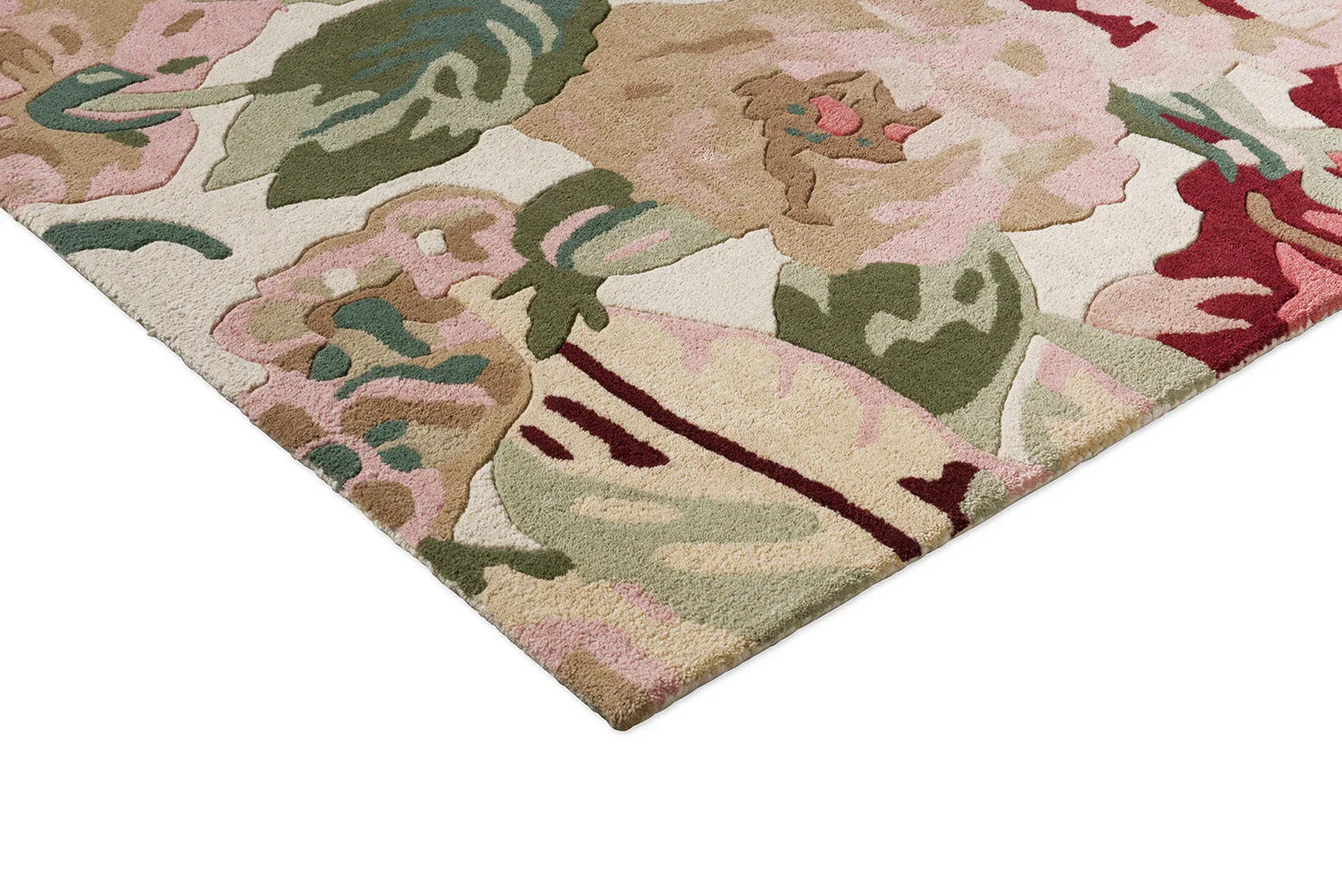 Sanderson Rose & Peony Red Designer Rug featuring floral pattern in pink, cream, sage-green, olive and burgundy on ivory, hand-tufted wool